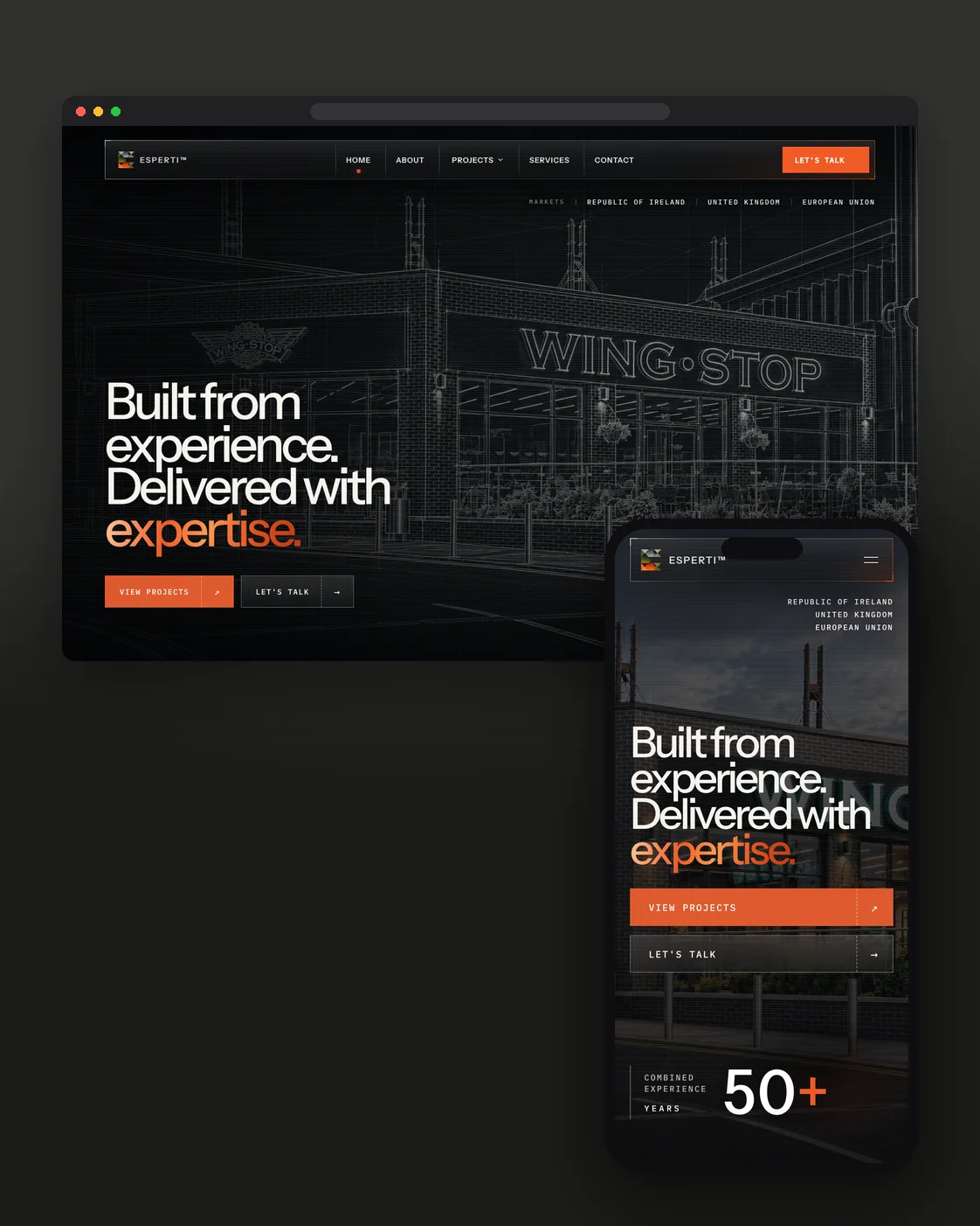 ESPERTI website on desktop and mobile: line-art Wingstop shop front with 'Built from experience. Delivered with expertise.'