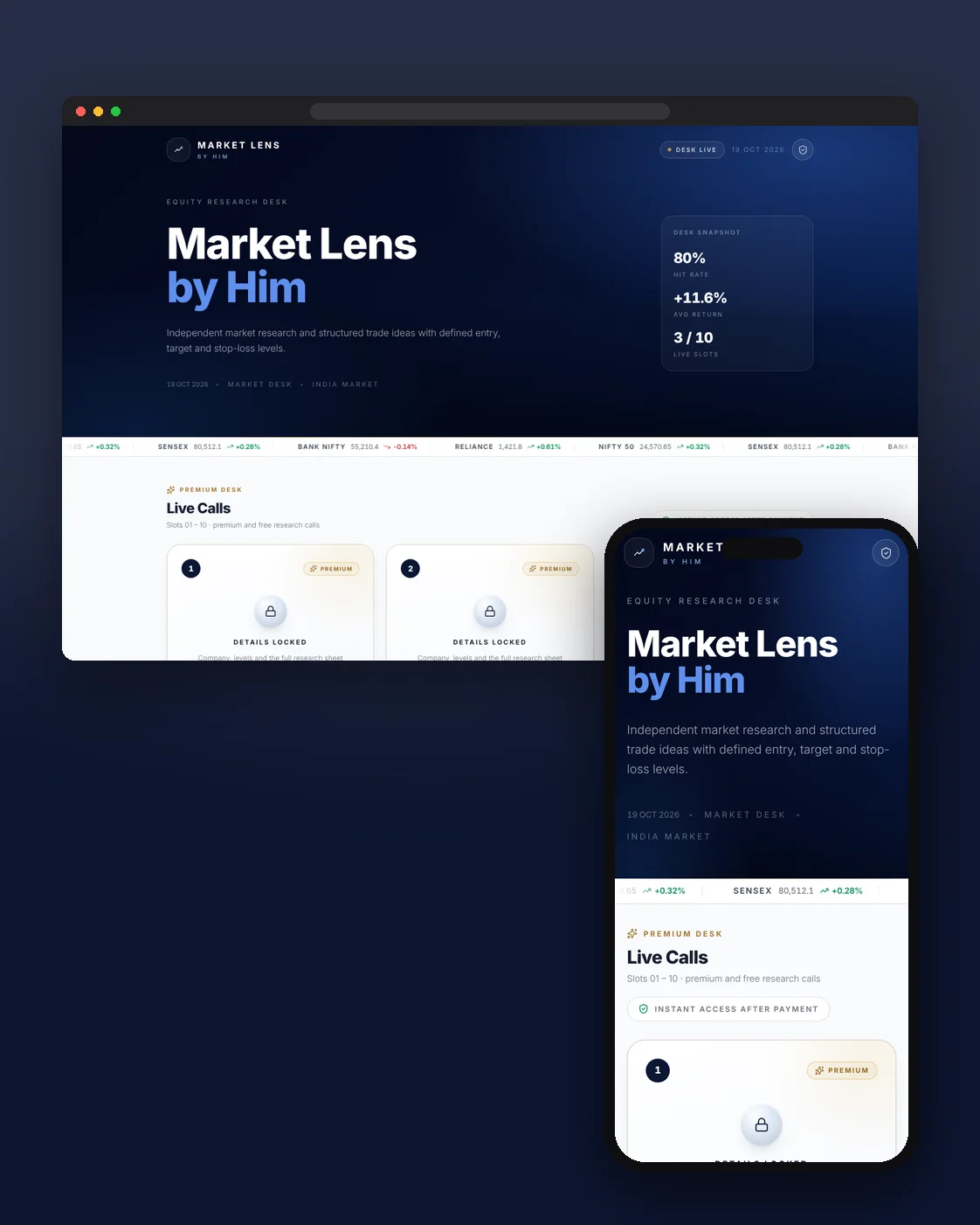 Market Lens by Him on desktop and mobile: live calls
